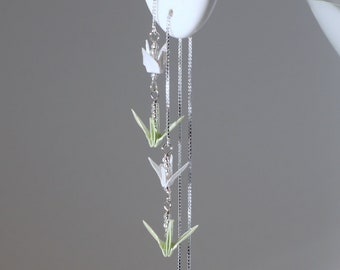 Origami two floors cranes threader earrings - Pastel green and white cranes