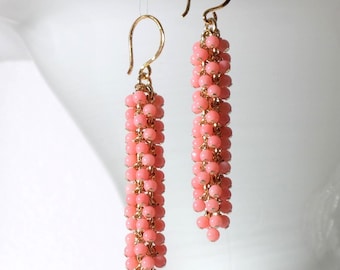 Long coral tiny cluster earrings with 24K gold on 925 sterling silver lever back ear wire, Handmade in Denmark