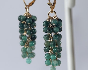 Handmade in Denmark, AA Natural Emerald Wisteria Earrings with 24K Gold on 925 Sterling Silver Lever Back Ear Wire
