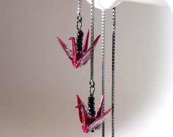 Dark Red Origami Crane Earrings with Oxidised 925 Sterling Silver Threader, Handmade in Denmark