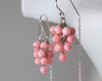 Pink coral grapes with 925 sterling silver half threader earrings, Handmade in Denmark