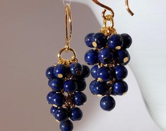 Handmade in Denmark, Lapis lazuli cluster earrings with 24K gold on 925 sterling silver ear wire