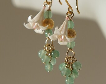 Origami lily earrings with green aventurine, origami jewellery, origami earrings