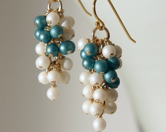 Handmade in Denmark, Emerald Green Bead Cluster Earrings, 18K Gold Vermeil Hooks