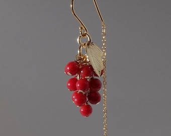 Tiny red coral grapes earrings with 18K gold on 925 sterling silver half threader ear wire