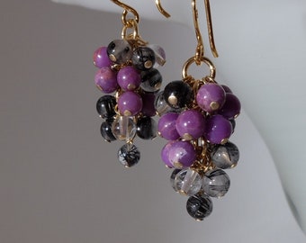 Phosphosiderite and Black rutilated quartz grapes earrings with 24K gold on 925 sterling silver ear wire