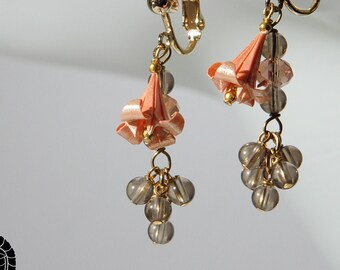 Clip on Origami lily earrings with smoky quartz - peach colored lily