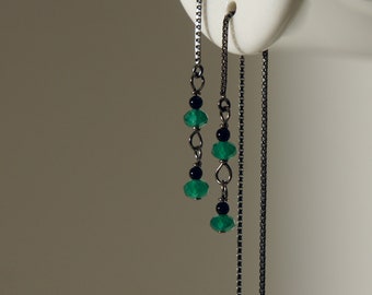 Handmade in Denmark, Tiny green agate and black onyx threader earrings with oxidised 925 silver ear threader