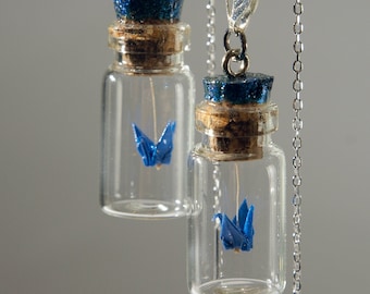 Handmade in Denmark, Handmade in DenmarkMicro origami crane mobile in bottle earrings - Blue crane