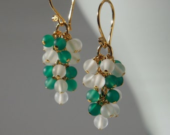 Handmade in Denmark, Agate Grape Earrings: Frosted Green, Rock Crystal, 24K Gold Sterling Silver