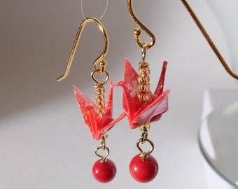 Red Coral and Origami Crane Earrings with 18K gold on 925 silver base ear wire