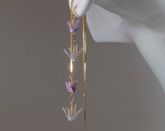 Origami two floors cranes threader earrings - lavender