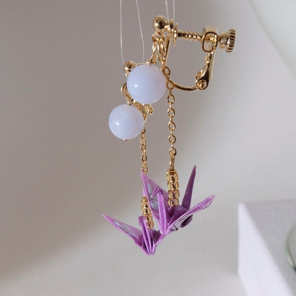 Origami crane clip on earrings - Lavender crane and blue lace agate