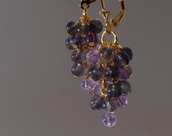 AA Iolite and amethyst grapes earrings with 24K gold on 925 sterling silver ear wire