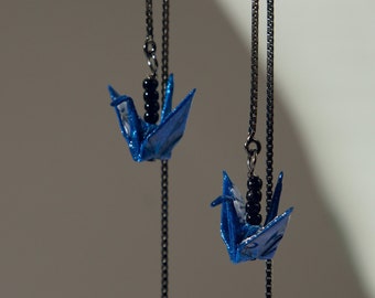 Origami crane threader earrings - Blue colour cranes with oxidised 925 silver ear threader