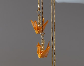 Handmade in Denmark, Origami crane threader earrings - marigold color crane