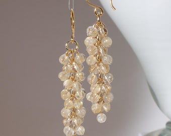 Handmade in Denmark, Gold Rutilated Quartz Long Cluster Earrings with 24K Gold Vermeil Hooks