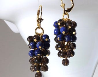 Smoky quartz and Lapis Lazuli Cluster Earrings with 24k gold on 925 sterling silver ear wire, Handmade in Denmark