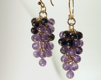 Amethyst and onyx grapes earrings with 24K gold on 925 sterling silver ear wire