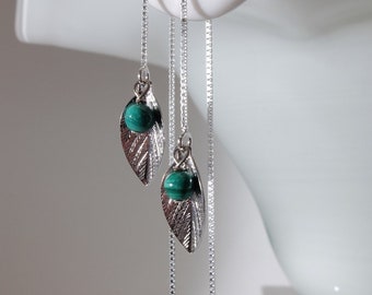 Threader earrings with tiny malachite