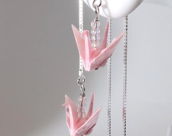 Handmade in Denmark, Baby Pink Origami Crane with 925 Sterling Silver Threader Earrings