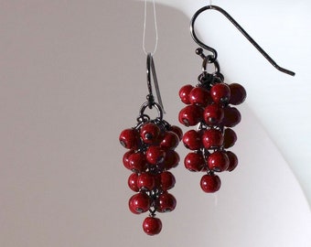 Dark red glass pearl cluster earrings with oxidised 925 silver ear wire