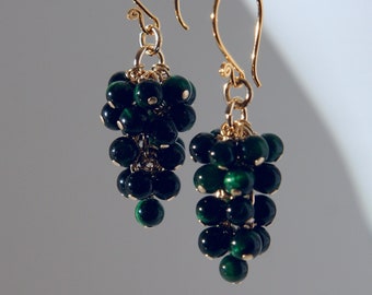 Green tiger's eye grapes earrings with 24K gold on 925 silver ear wire