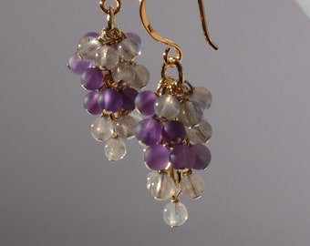 AA Labradorite and frosted amethyst grapes earrings with 24K gold on 925 sterling silver ear wire