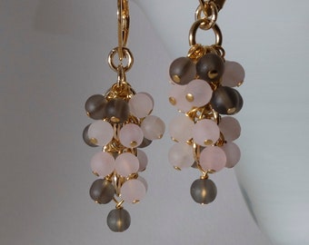 Frosted rose quartz and smoky quartz grapes earrings with 24K gold on 925 sterling siver ear lever back wire