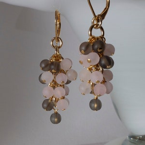 Frosted rose quartz and smoky quartz grapes earrings with 24K gold on 925 sterling siver ear lever back wire