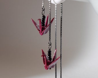 Tiny origami crane threader earrings - deep red crane with oxidised 925 silver ear threader