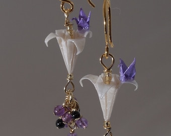 Micro lavender color cranes on white lilies with tiny amethyst and onyx with 24K gold on 925 sterling silver base earring wire