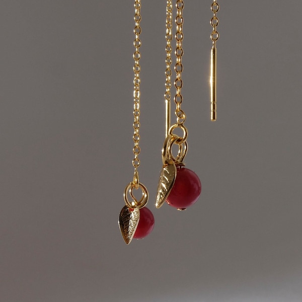 Tiny red coral threader earrings with 18K gold on 925 sterling silver threader