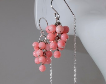 Tiny pink coral grapes earrings with 925 sterling silver half threader ear wire