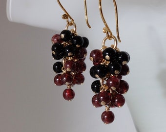 Garnet and black onyx grapes earrings with 24K gold on 925 sterling silver ear wire