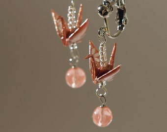 Handmade in Denmark, Handmade in DenmarkClip on origami crane earrings, Origami Jewelry - dusty pink and cherry quartz