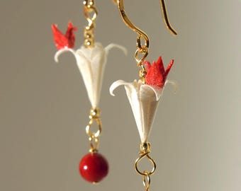 Handmade in Denmark, Origami Crane Earrings, Red Coral, 24K Gold, Sterling Silver Wires