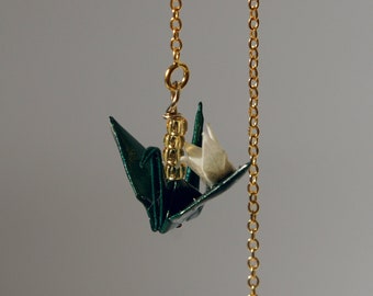 Handmade in Denmark, Origami Crane Threader Earrings – White & Deep Green, Sterling Silver