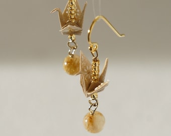 Origami beige crane earrings with gold rutilated quartz and 18K gold on 925 silver base ear wire