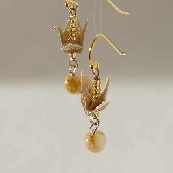 Origami beige crane earrings with gold rutilated quartz and 18K gold on 925 silver base ear wire