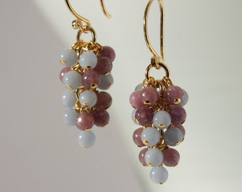 AAA blue angelite and Lepidolite grapes earrings with 24K gold on 925 sterling silver ear wire