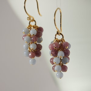 AAA blue angelite and Lepidolite grapes earrings with 24K gold on 925 sterling silver ear wire