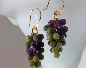 Matte amethyst and Korean jade grapes earrings with 24K gold on 925 sterling silver ear wire, Handmade in Denmark