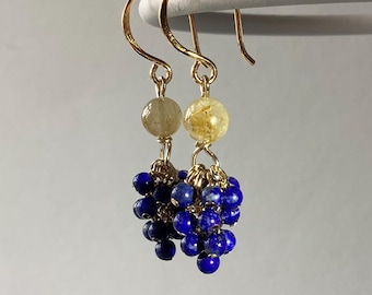 Handmade in Denmark, Handmade in DenmarkGold Rutilated Quartz Lapis Lazuli Cluster Earrings, 24K Gold Vermeil