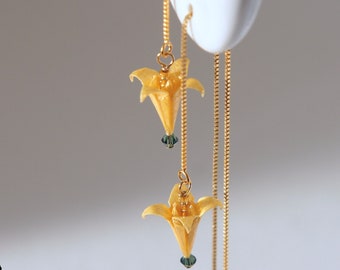 Handmade in Denmark, Origami lily threader earrings - yellow lilies and green Swarovski crystals