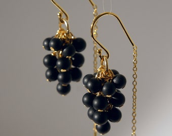 Matte black onyx cluster half threader earrings with 18K gold on 925 sterling siver ear wire