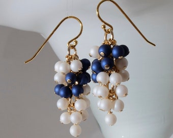 Matte white and royal blue beads cluster earrings with 18K gold on 925 sterling silver ear wire