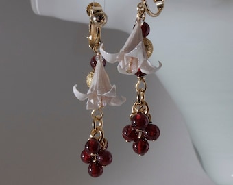 Origami lily and dark red garnet clip on earrings
