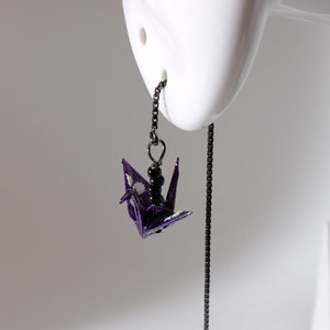 Origami crane threader earrings - deep purple crane with oxidised 925 silver ear threader