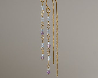 Handmade in Denmark, Tiny double threader earrings with natural amethyst and blue chalcedony